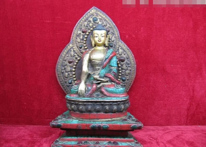 

fast shipping USPS to USA S3075 Tibet Bronze Copper inlay turquoise Red coral beryl ruby Sakyamuni Buddha Statue