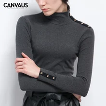 CANVAUS Осень Зима Женская Футболка Хлопок Твердые Простые Тонкие Кнопки Топы С Длинным Рукавом Водолазка Офис Леди Футболка F137A