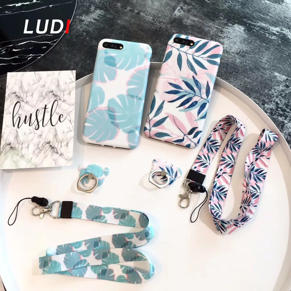 

LUDI Korean Leaves Case with Bear Ring Stander & Strap Set for iPhone X 8 7 7plus6 6S Plus Soft Pro-TPU cover