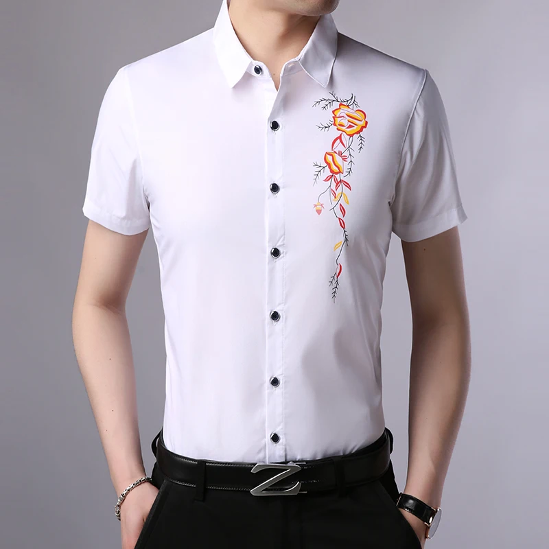 High quality summer male floral dress shirt mens short sleeve flowers ...