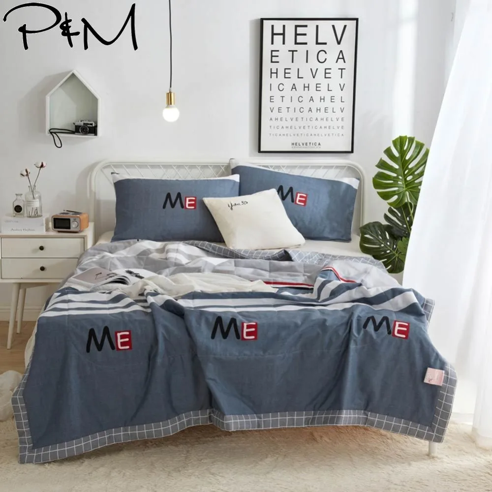 

2019 Preppy Dark Grey Stripes Quilt Cotton air-condition Quilted Thin Comforter Summer Throws Blanket Twin Full Queen Size