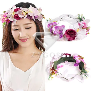 

Women's Boho Pink Flower Crown Headband Round Wedding Floral Adjustable Garland HS0024
