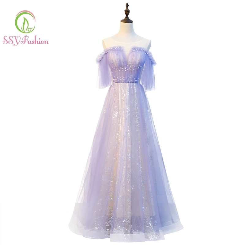 

SSYfashion Scoop Neck Off The Shoulder Half Sleeves Lace Up Back Sequined Floor-Length Purple Evening Gown Robe De Soiree