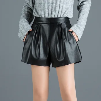 

2019 Spring New Arrival Pu Leather Shorts Korean Women Fashion High Waist Loose Shorts Pocket Casual Elastic Waist Bloomers