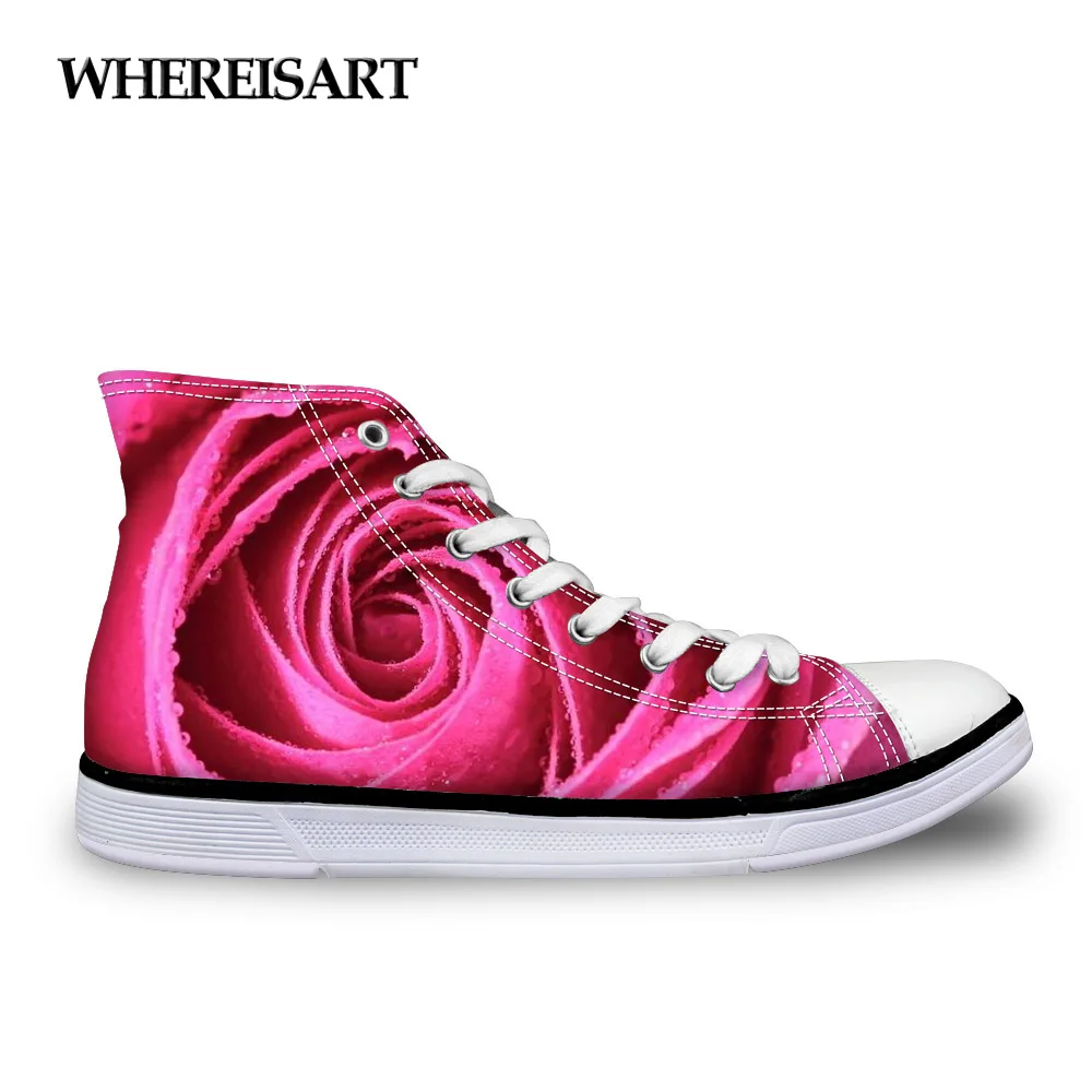 

WHEREISART Floral Style Spring Women Fashion Canvas Shoes 3D Flower Rose Printing High Top Lace-up Women Vulcanize Shoes Woman