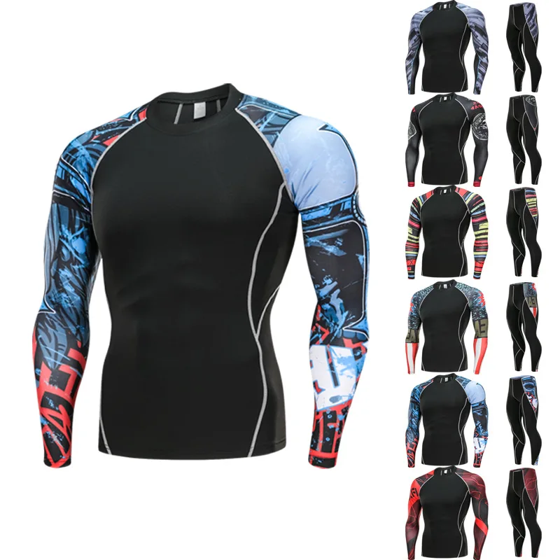 

New Men Compression Running jogging Suits Clothes Sport Set Long T-shirt And Pants Gym Fitness workout Tights clothes 2pcs / set