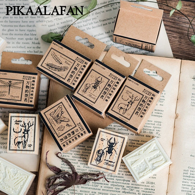 

PIKAALAFAN Animal Insects Series Boxes Wood Stamp Scrapbook DIY Photo Album Card Decoration Craft Wooden Rubber Stamp Toy