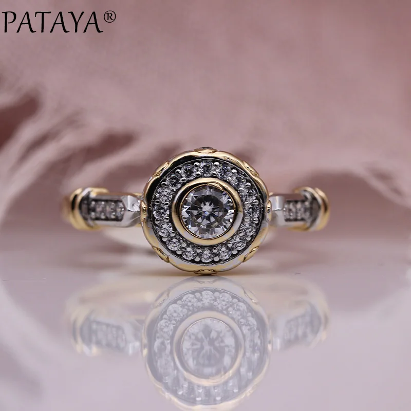 PATAYA, новинка 585, розовое золото, милые резные кольца с натуральным цирконием, женские модные ювелирные украшения, свадебные ювелирные изделия, полые круглые белые кольца