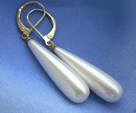 

Charming long teardrop south sea white shell pearl dangle earrings
