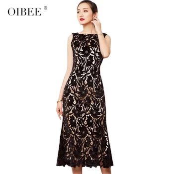 

OIBEE2019 Spring Women New Fashion Sleeveless O-Neck Hollow Out Lace Embroidered Sexy Dress