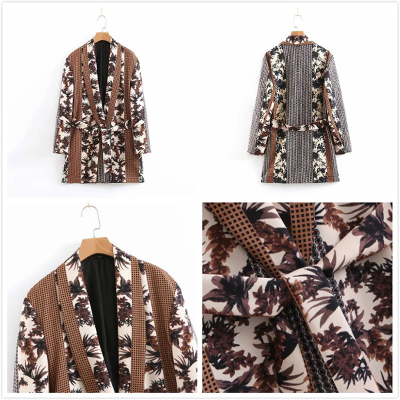 2019 New Print 2 Piece Set Women Vintage Belt Long Sleeve Female Outfit Clothing Blazer Coat and Pants Sets Women's Pant Suits