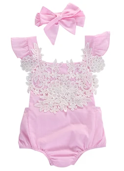 

Summer 2017 Infant Baby Girls Pink Lace Romper Backless Floral Jumpsuit Outfits Set +headband Sunsuit 0-18M