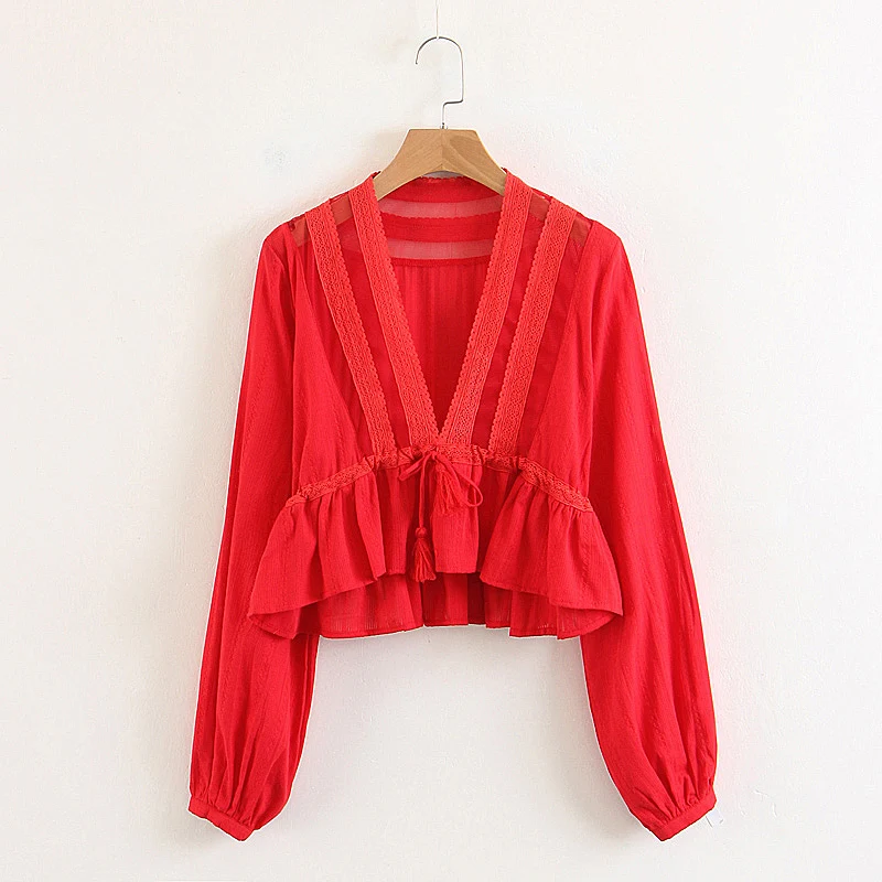 

Women Solid Red Tassel Lace Blouse With Long Sleeve Short Tops Bohemian 2Colours Sexy Deep V-Neck Puff Sleeve Shirt Femme Blusas