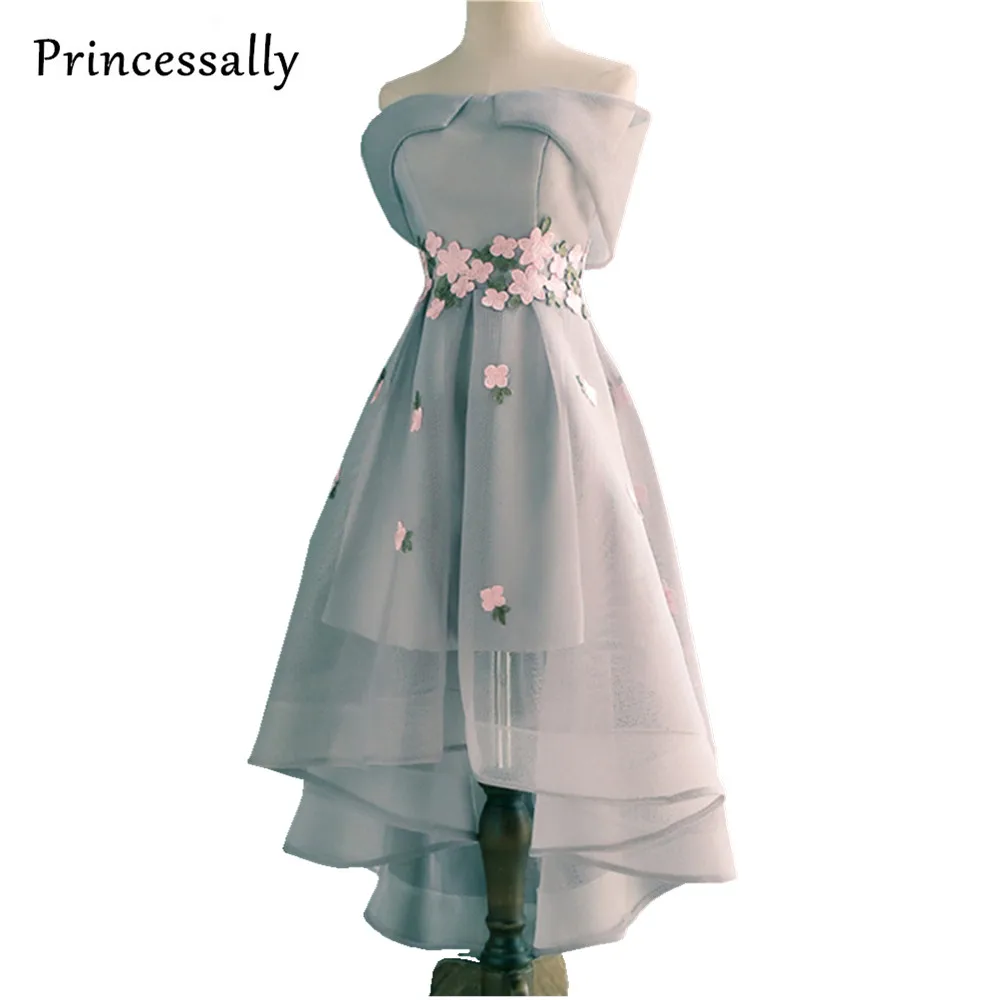

Evening Dresses Grey High Low Evening Party Prom Gown asymmetrical Boat Neck With Flower Vestidos De Festa 2018 New Arrival