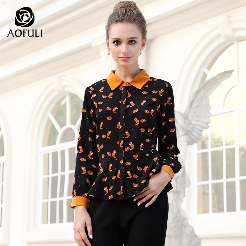 

AOFULI M/L/XL Elegant Fox Print Casual Shirt Women Spring Plus Size Blouse Long Sleeve Spring Autumn Ruffle Tops B6187