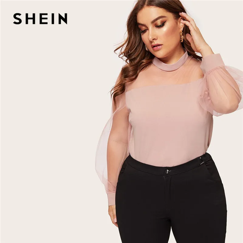SHEIN الوردي الباستيل بقماش شفاف طويل فانوس كم زائد حجم النساء أنيقة بلوزة الوقوف طوق سستة الظهر عالية الشارع قمم بلوزة