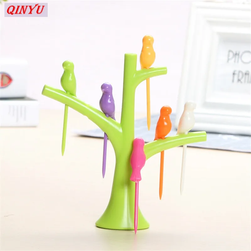 

1 Stand+6 Forks Toothpick Fruit Tool Kitchen Gadget Birds Tree Birdie Fruit Fork Cartoon Tree Shape Party Fork Tableware Set 5z