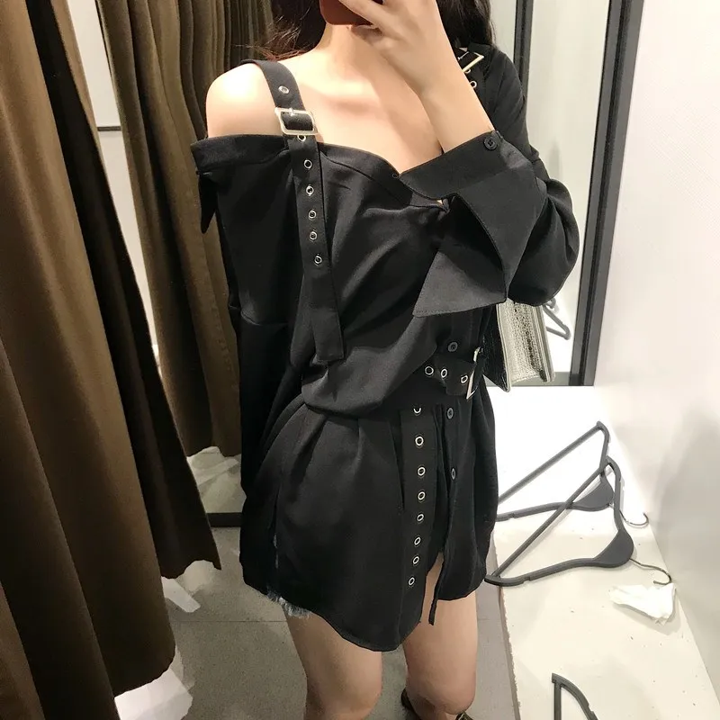 Autumn New Women's V-Neck Office Blouse Fashion Belt Buckle Off The Shoulder Long Shirts Solid Lady Blouse Black Tops