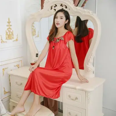Новые летние для женщин сплошной ночная рубашка повседневное пижамы атлас Ночное вышивка домашнее платье кружево Сексуальная Блузка цветок Неглиже - Цвет: Красный