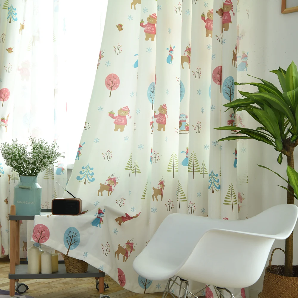 Azul de dibujos animados tela Blackout cortinas para sala Cortina dormitorio árbol impresión rideaux Tulle inicio decoración wp029 y 4