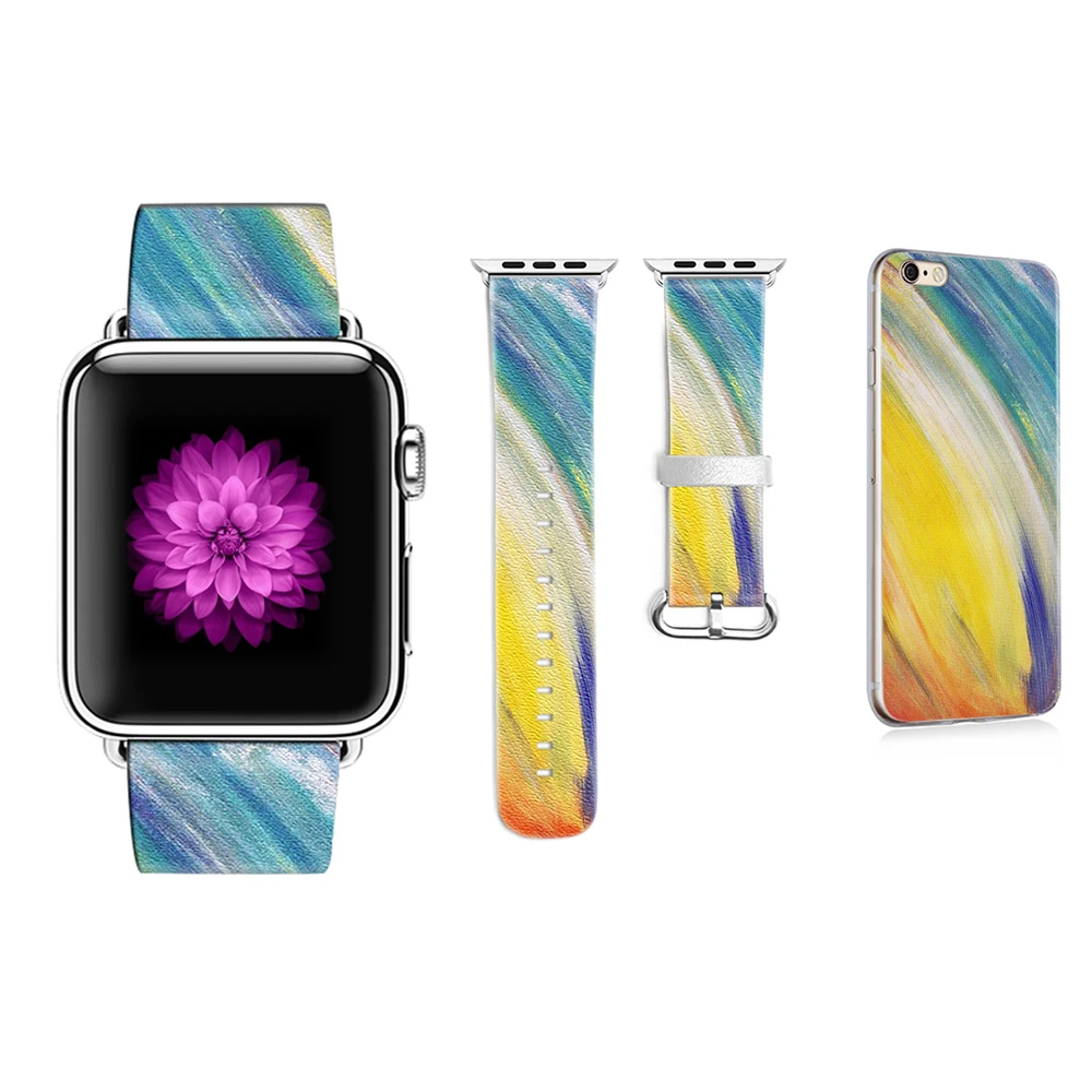 

Design Brush Pattern Watchbands for Apple Watch Set 1 2 3 Series Band for Iwatch 38mm 42mm Leather Strap Gift for IPhone Case