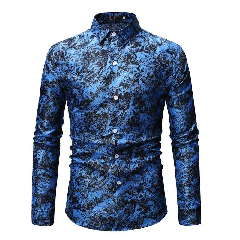

Hawaiian Shirt Floral Blouse Men Long sleeve Leisure Stage Mens Shirts Plant flower Slim White Red Blue Camisa masculina