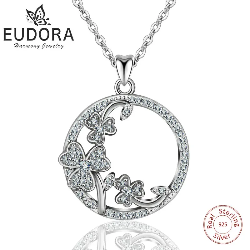 Eudora 925 Sliver good Lucky Shamrock Pendant Neckalce Ireland Flower Crystal CZ Torque Charm Sterling Sliver Jewelry for Women Fashion Jewelry