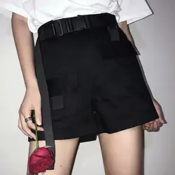 Harajuku Лето рабочие шорты для женщин для Высокая талия с поясом Корейская версия Street Wild повседневные шорты Модная одежда девочек Прямая
