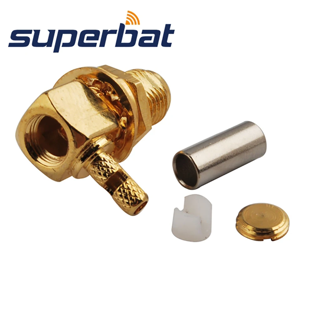 Superbat 10pcs RP-SMA Crimp Female(male pin) Right Angle RF Coaxial Connector for RG174,RG316,LMR100 Cable - Bulk Pack
