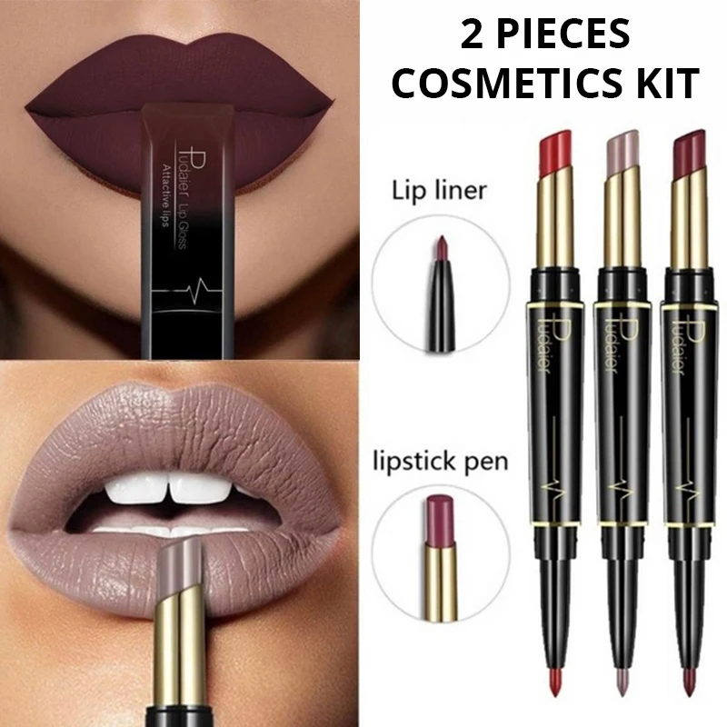 

New Double-Ended Matte Lipstick Lip Liner with Moisturizing Velvet Lip Gloss Nude Lip Tint Make Up Kits 2 Pieces Lips Makeup Set