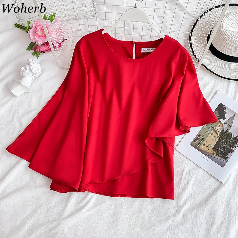 

Woherb 2019 Womens Tops and Blouses Casual Chiffon Shirt Fashion Asymmetrical Ruffle Top Female Elegant Flare Sleeve Blusas22415