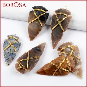 

BOROSA 10/15/20PCS Gold Wire Wrapped Natural Jaspers Arrowhead Pendant Beads Mixed Color Natural Stone for Necklace G1642