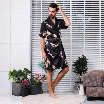 

2019 Men's Bathrobe Summer Robes Simulation Silk Long Section Sleeves Home Thin Men's Pajamas Kimono Sleepwear pijama hombre