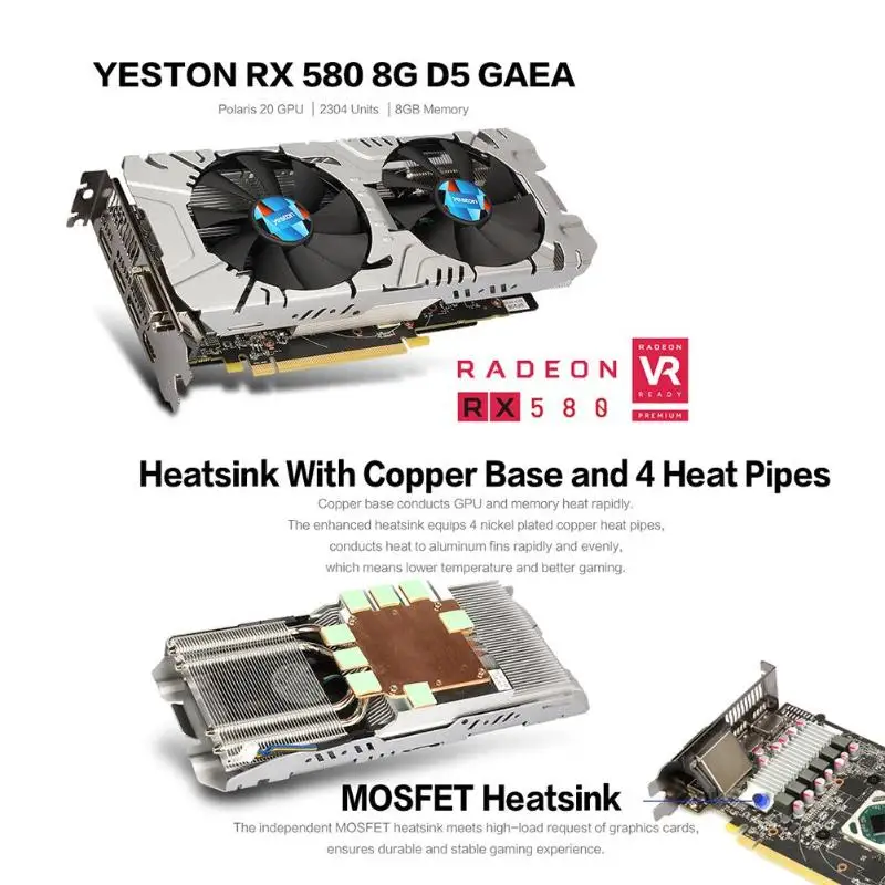 Yeston RX580 8G 256bit GDDR5 PCI-Express 3,0 игровой настольный компьютер ПК видеокарты Поддержка DVI-D HDMI DP VSR настольный компьютер