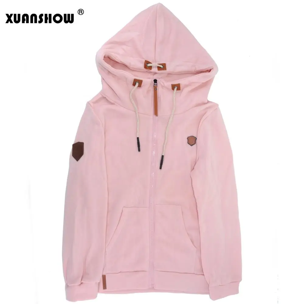 Pink XUANSHOW женщины мода толстовка Куртка застежка-молния воротник Молния Толстовки Длинный рукав пуловер Спортивные костюмы XXXXL толстовки - Цвет: Pink