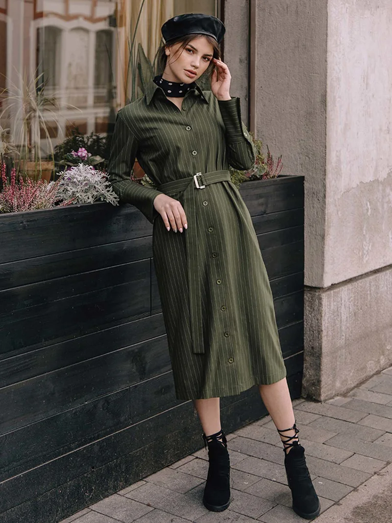 Винтажное Полосатое Бандажное Платье женское 2018 осень зима длинный рукав кнопка рубашка платье с высокой талией до середины икры офисные женские платья купить на AliExpress