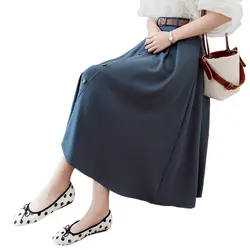 2019 корейский элегантный тонкие юбки в складку для женщин ремень пуговицы большой подол высокая талия миди юбки Летняя юбка сплошной цвет