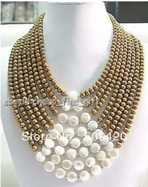 

~~ Free Shipping >>6-7MM Chocolate FW Pearl & Coin Pearl 8 Rows Necklace
