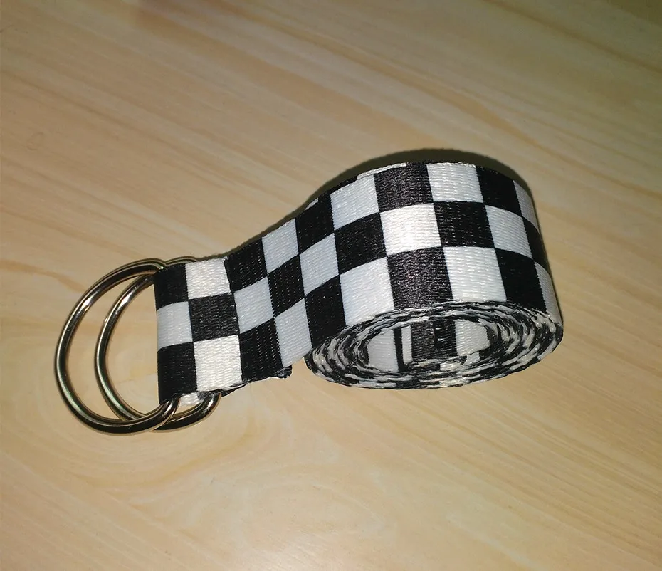 

Women Checkerboard Belts Canvas Waist men Belts Casual Waistband 135cm Black White Plaid Double loop Belt for Women's Canvas