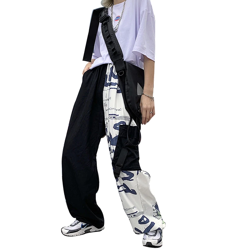 

Lychee Girls Streetwear Graffiti Patchwork Ribbon Lady Jogger Pants Hit Color Pocket High Elastic Waist Women Pants Trousers