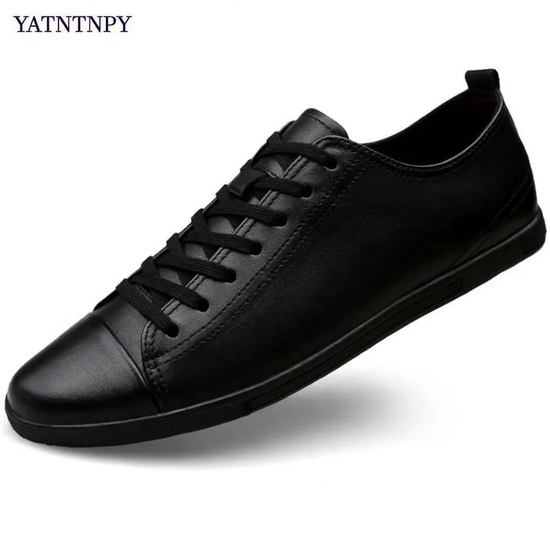 YATNTNPY/Брендовая обувь из натуральной кожи; мужская повседневная обувь; летняя дышащая мужская обувь на плоской подошве; большие размеры; мягкие белые и черные кроссовки - Цвет: Black full