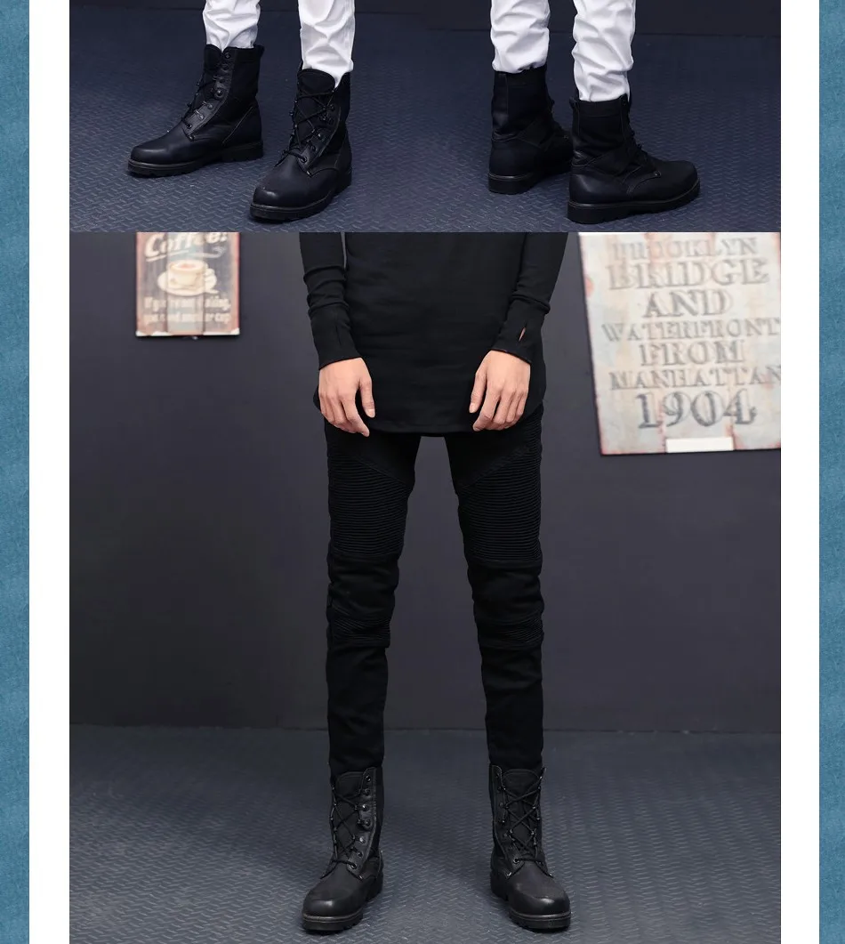 Мода 2019 Горячие стрейчевый облегающий прямые брюки плиссе взлетно-посадочной полосы мужские байкерские джинсы