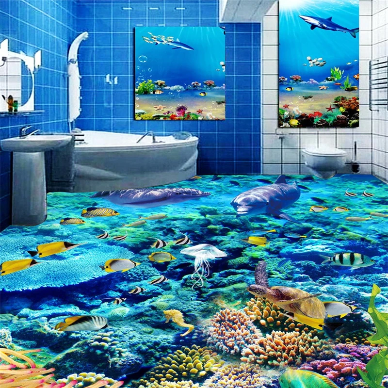 beibehang Underwater World Dolphins Custom Photo Floor 3d flooring Bathroom Floor Mural PVC Wallpaper Self-adhesive Wall paper