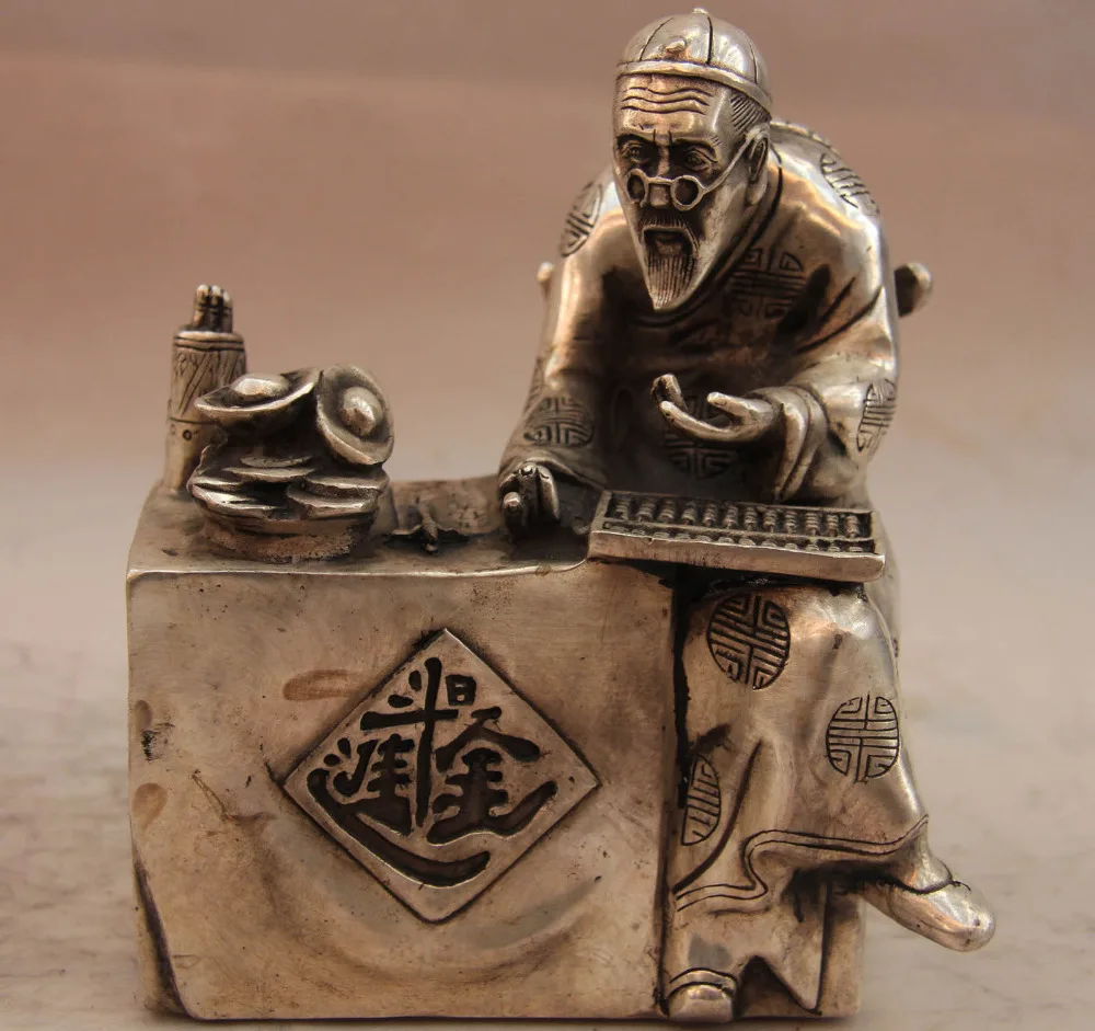 

China Folk White Copper Silver Yuan Bao Gold Wealth Money Old Man Art Statue