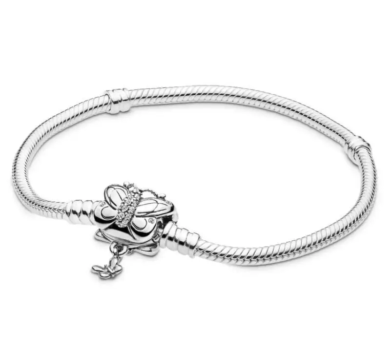 

925 Sterling Silver Moments Pan Bracelet Decorative Butterfly Clasp Snake Chain Bangle Fit Bead Charm Diy Europe Jewelry
