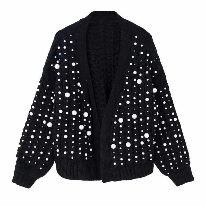 Women Sweater Coat 2019 Autumn New Mohair Handmade Pearl And Crystal Sweater Women Black And White Twist Sweater Cardigan Coat