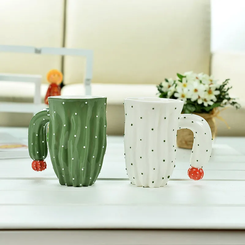 

420ml Creative Plant Shape Tea Mug Cactus Coffee Cup Ceramic Emboss Cartoon Water Drinking Cup Round Handle Gift 1pcs