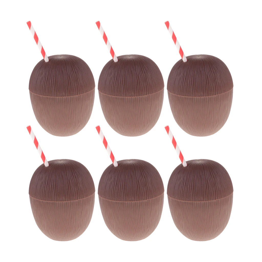 6x Plastic Tropical Coconut Drinking Cup Straw Set Hawaii Luau Beach