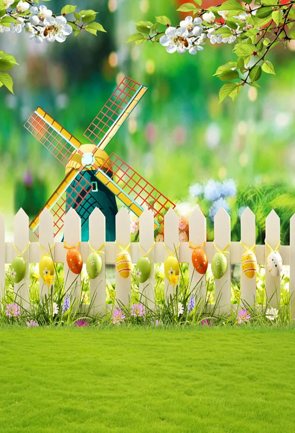 Vinyl Photography Backdrop Colorful Easter Eggs Spring Tree Windmill White Wooden Fence Decor Children Background Photo Studio