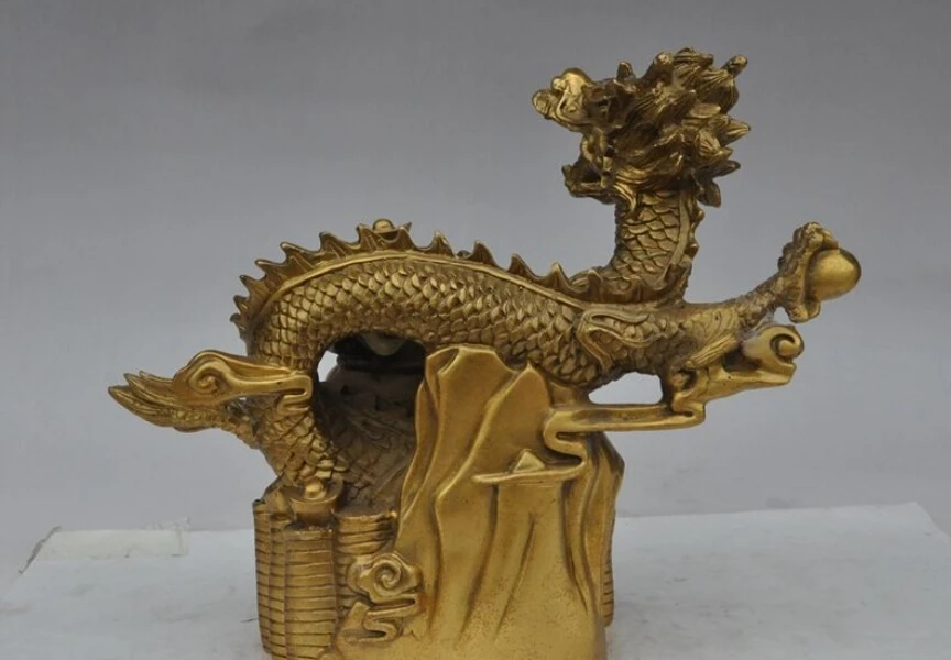 

12"chinese fengshui brass wealth money bag Animal dragon play bead RICH statue